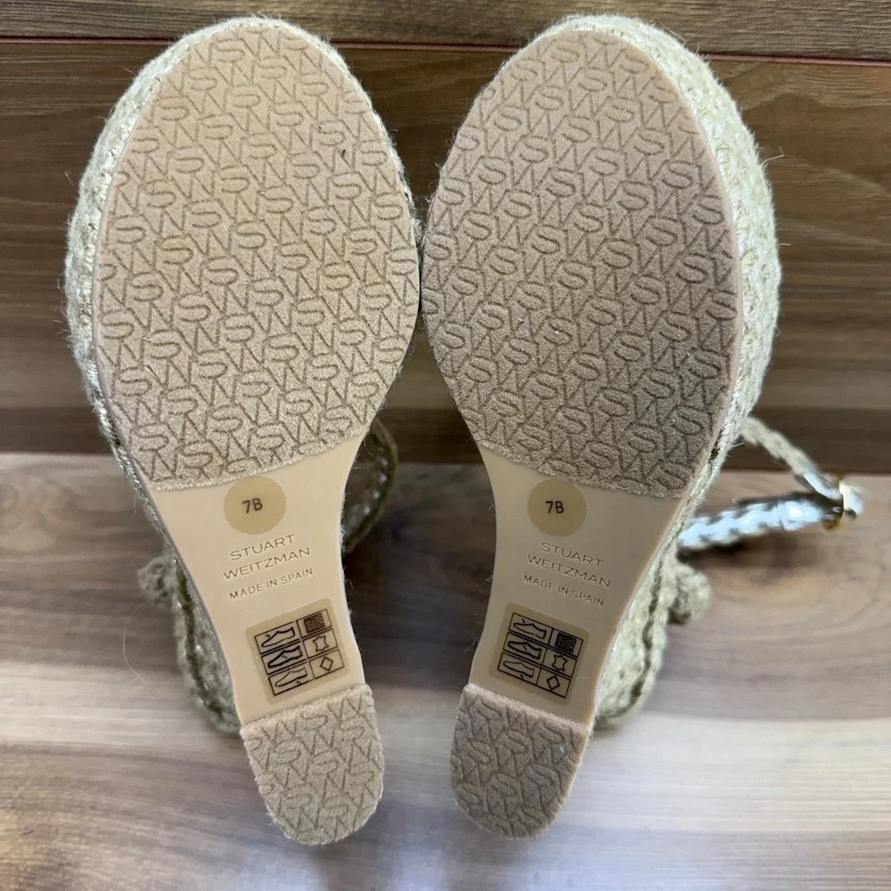Stuart Weitzman Braida Wedge Heels 7 B Natural Jute Ankle Strap Platform - Picture 9 of 10